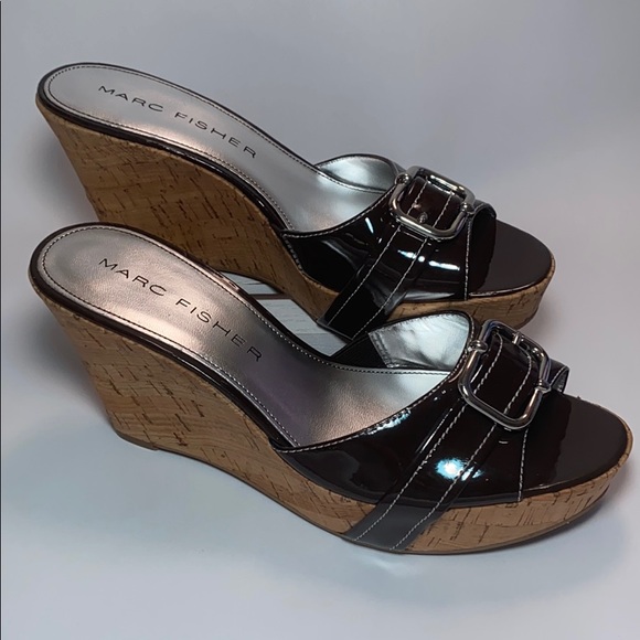 MARC FISHER Obell Cork Wedges, Shiny Pat. Leather, Buckle, Flawless Size 9.5 - Picture 2 of 10